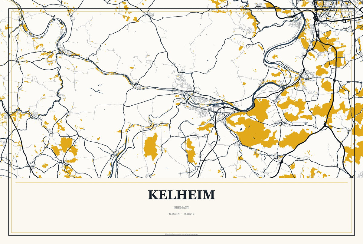 Kelheim, Germany City Map Aluminum Sign in Citrine Modern style