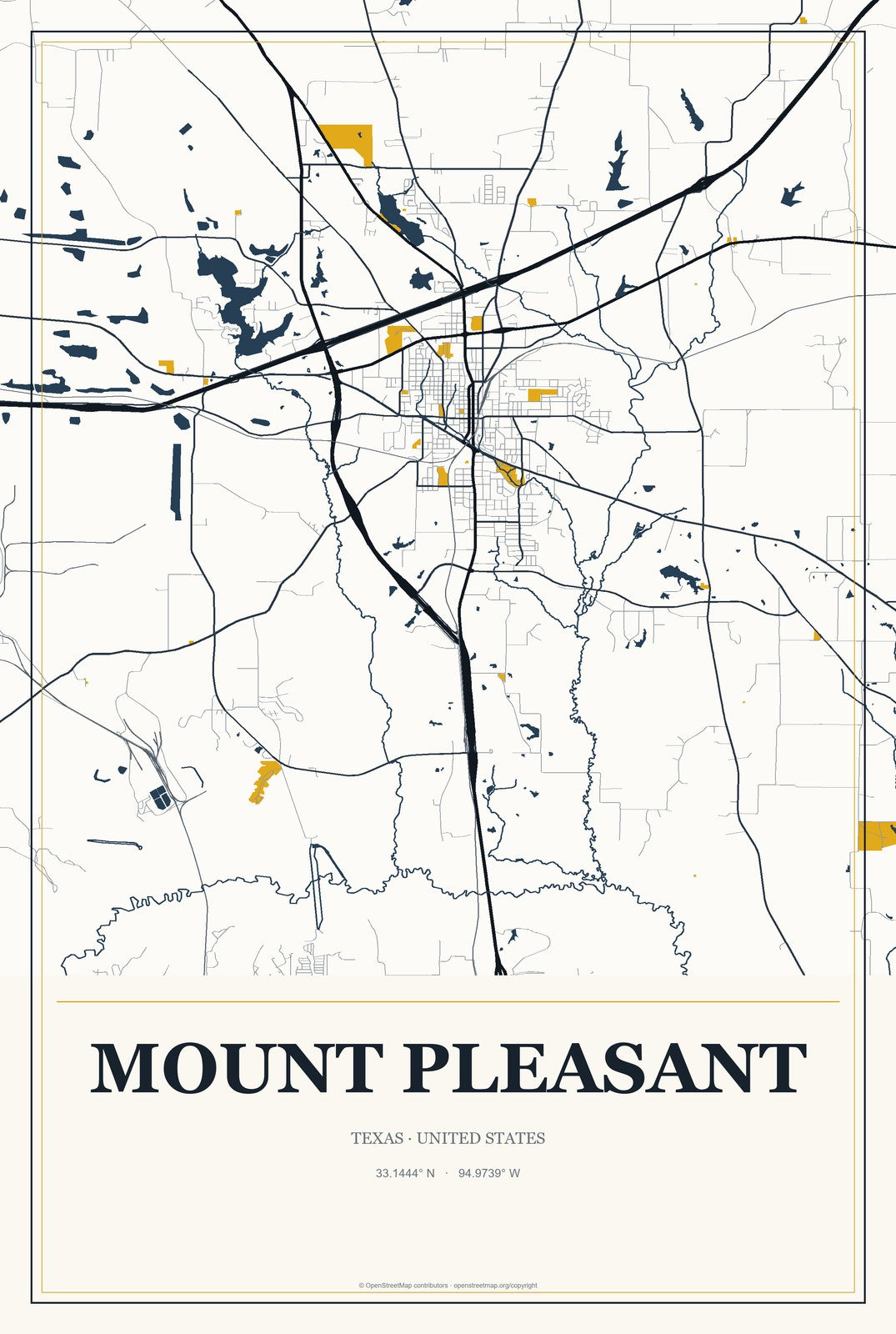 Mount Pleasant, Texas City Map Aluminum Sign in Citrine Modern style