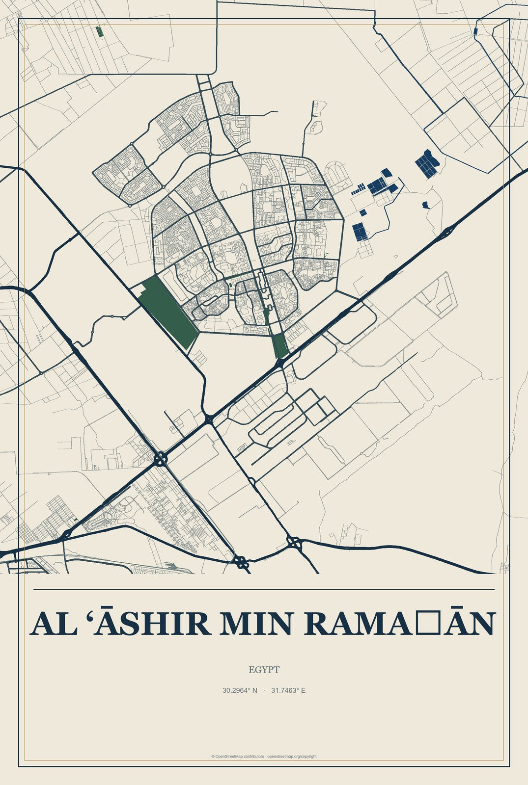 Al ‘Āshir min Ramaḑān, Egypt City Map Aluminum Sign in Coastal Cutout style