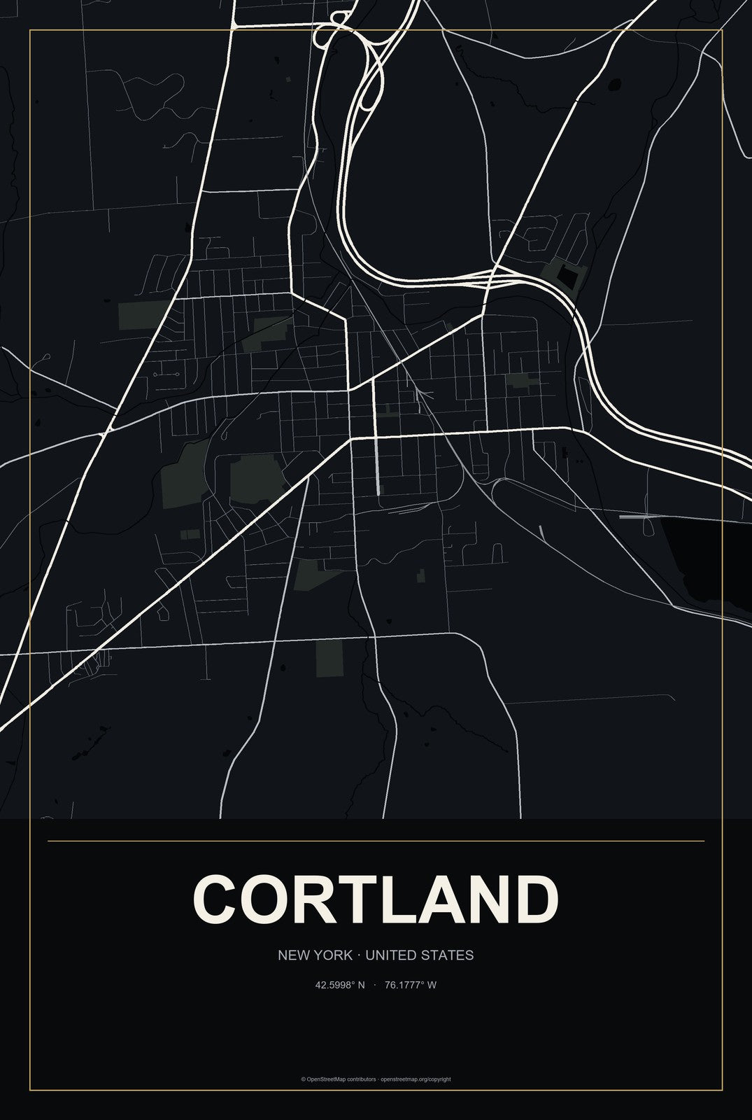 Cortland, New York City Map Aluminum Sign in Metropolitan Noir style