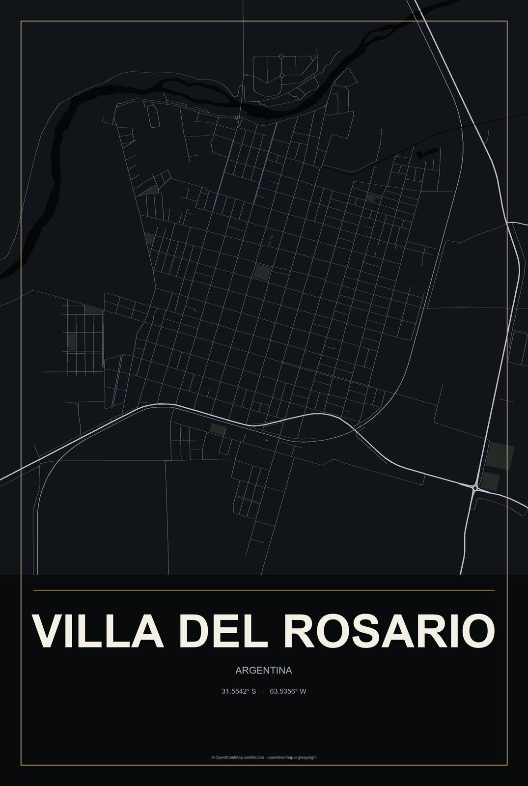 Villa del Rosario, Argentina City Map Aluminum Sign in Metropolitan Noir style