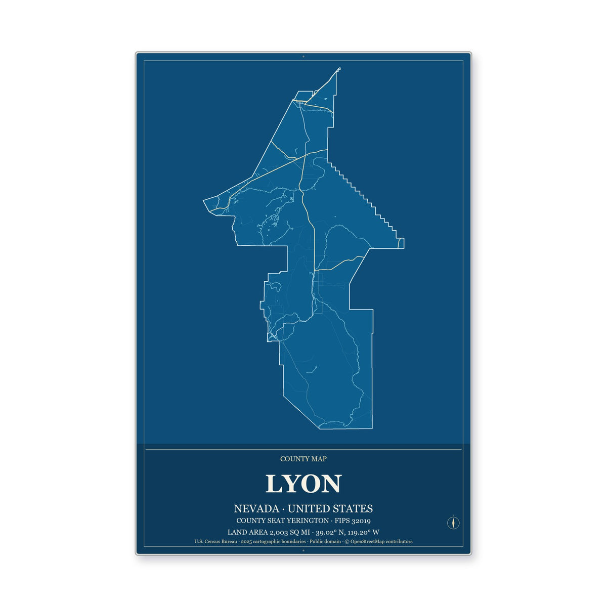 Lyon County, Nevada Map Aluminum Sign in Harbor Cobalt style