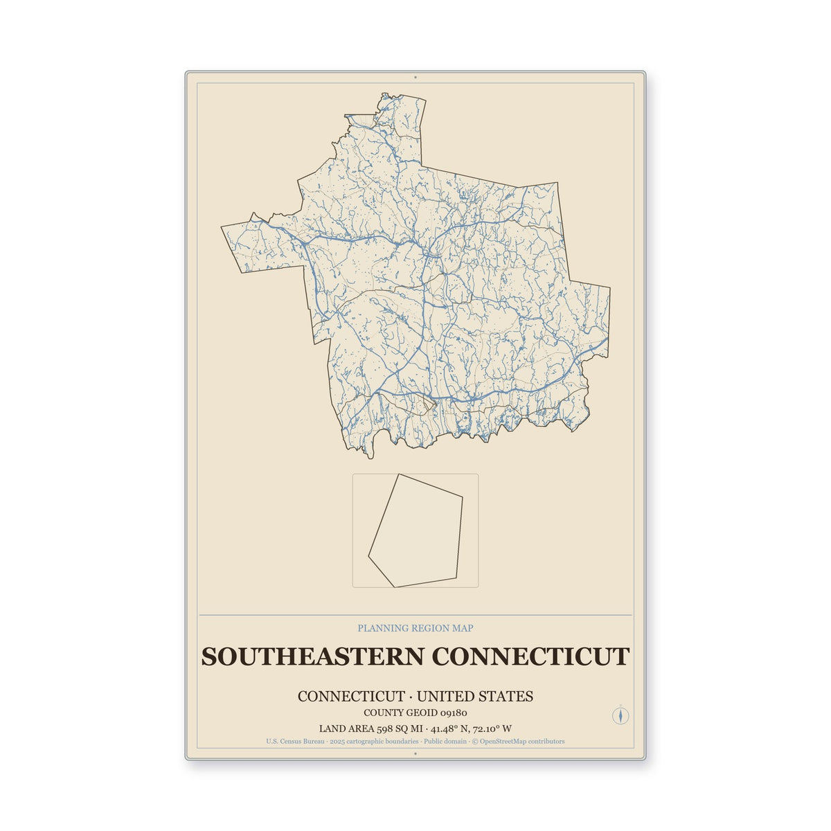 Southeastern Connecticut Planning Region, Connecticut Map Aluminum Sign in Heritage Nautical style