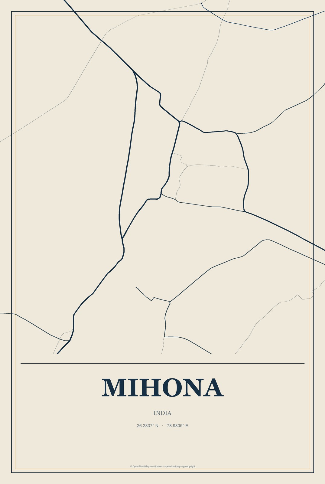 Mihona, India City Map Aluminum Sign in Coastal Cutout style