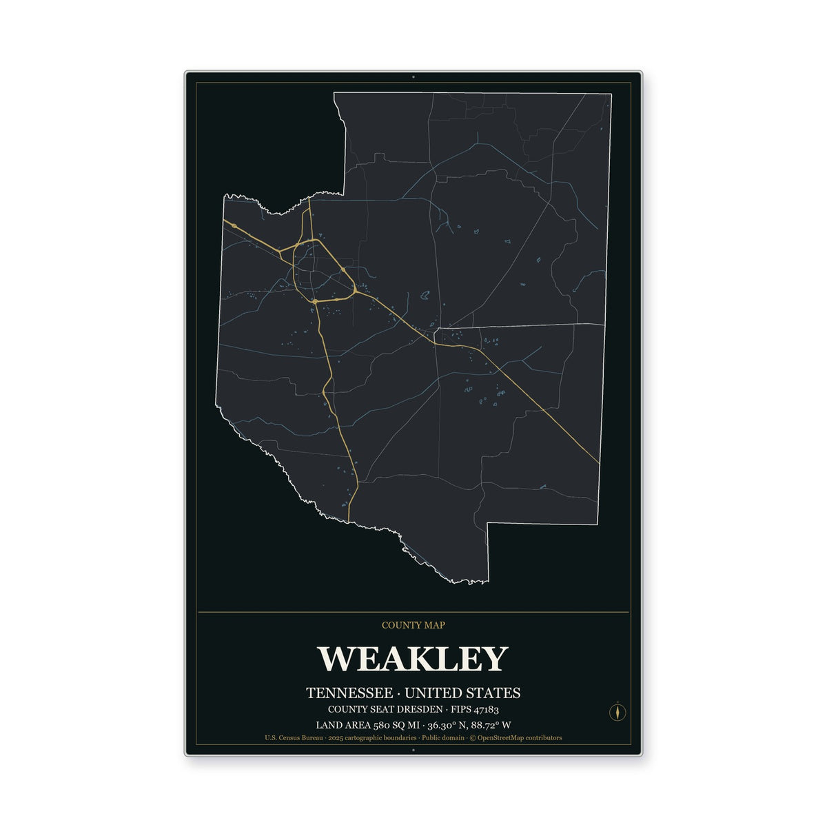 Weakley County, Tennessee Map Aluminum Sign in Metropolitan Noir style