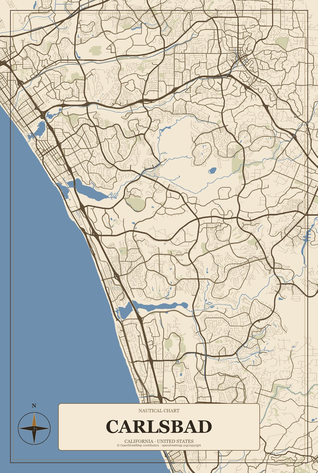 Carlsbad, California City Map Aluminum Sign in Heritage Nautical style