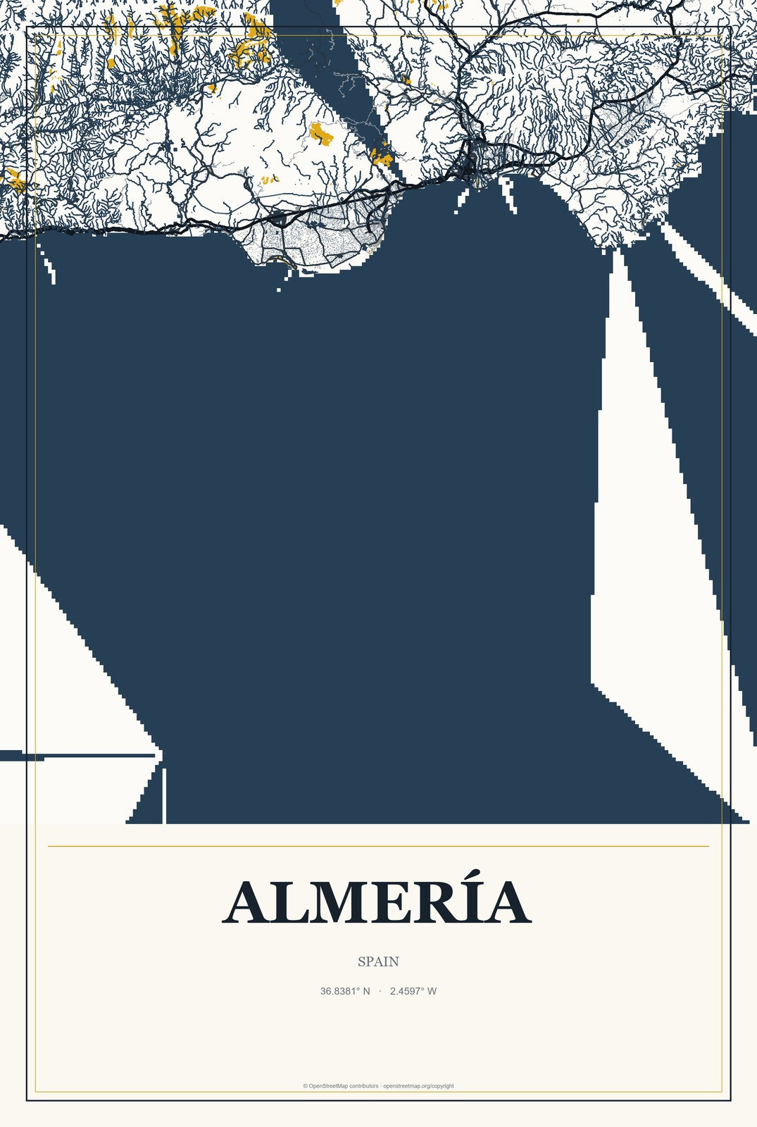 Almería, Spain City Map Aluminum Sign in Citrine Modern style