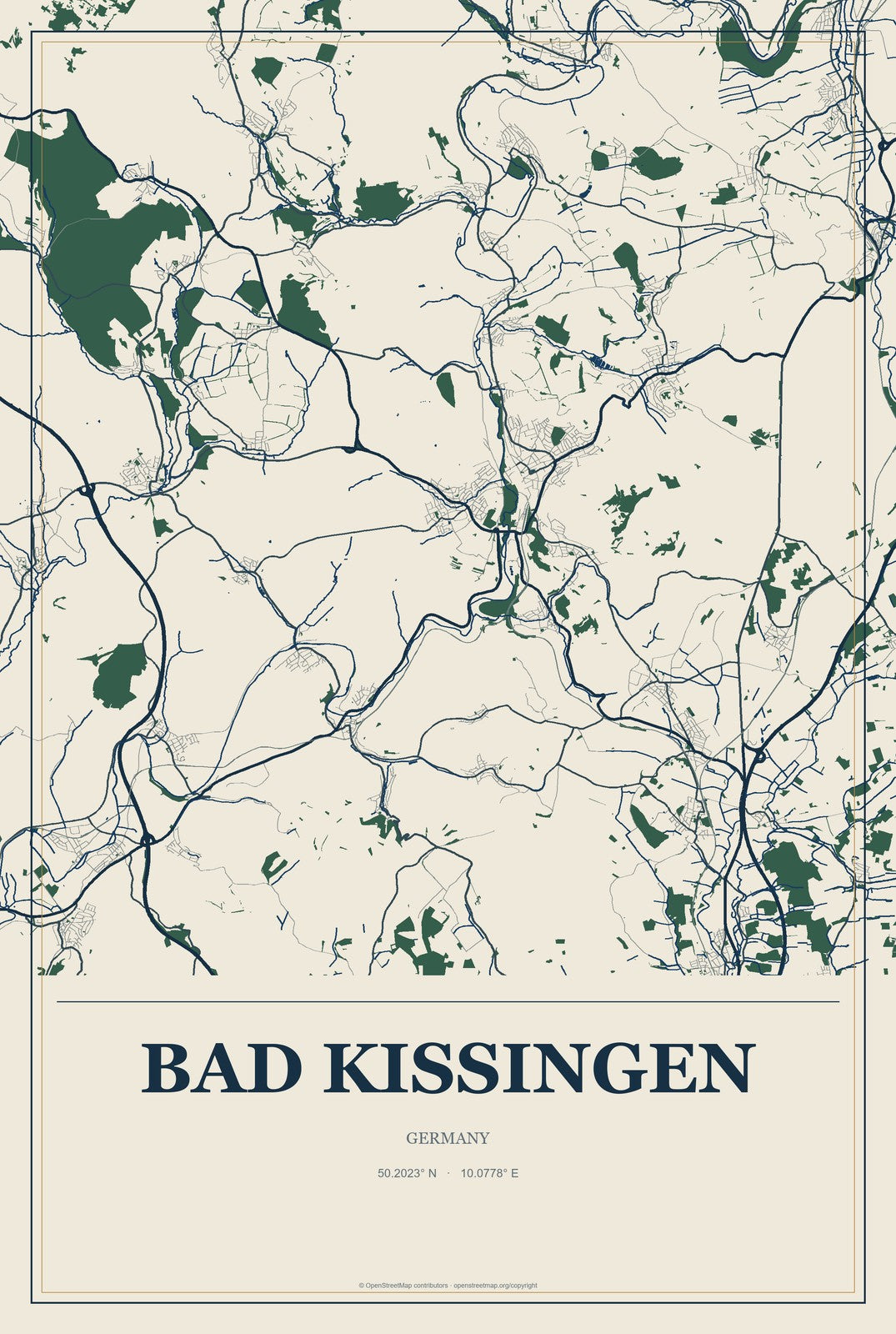 Bad Kissingen, Germany City Map Aluminum Sign in Coastal Cutout style