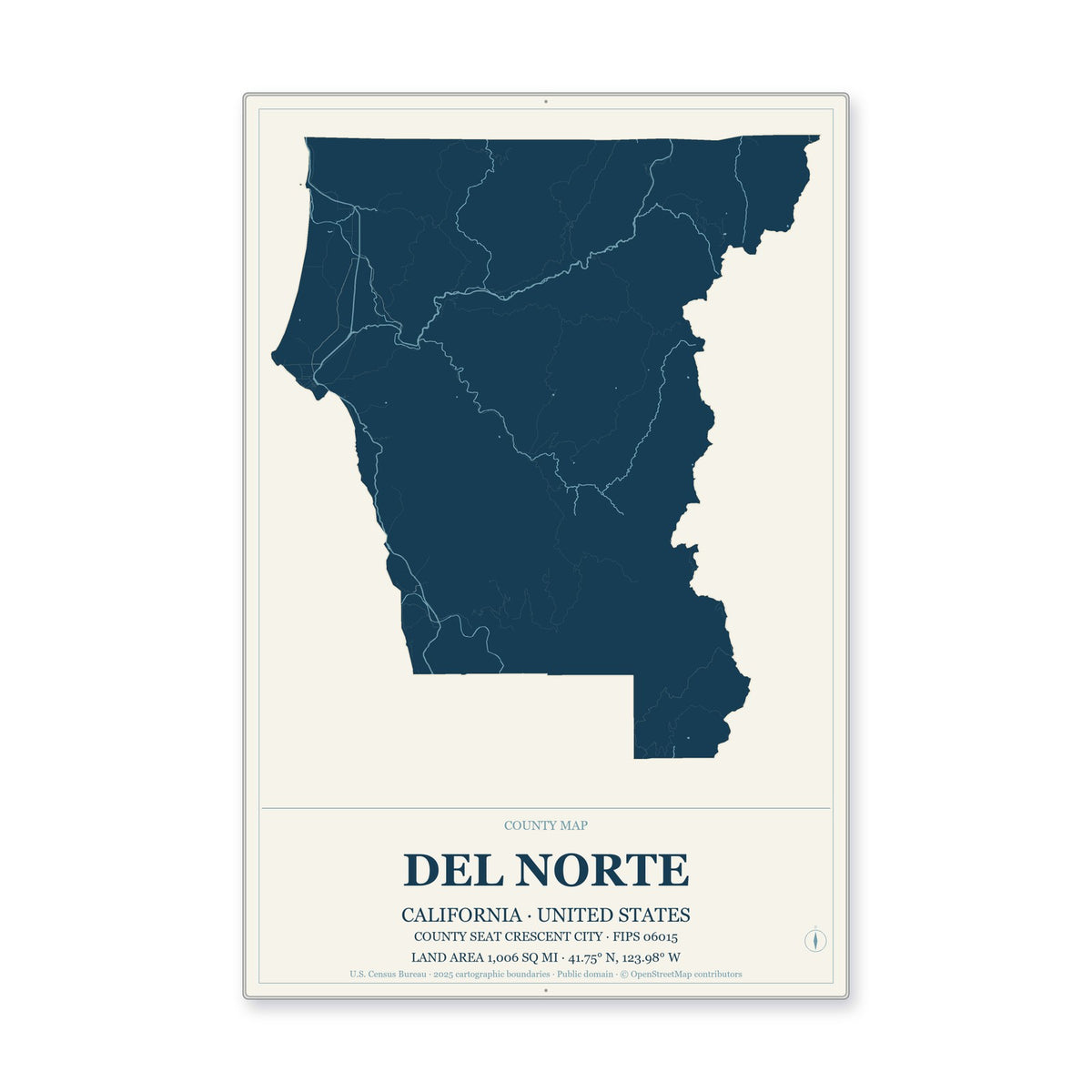 Del Norte County, California Map Aluminum Sign in Coastal Cutout style