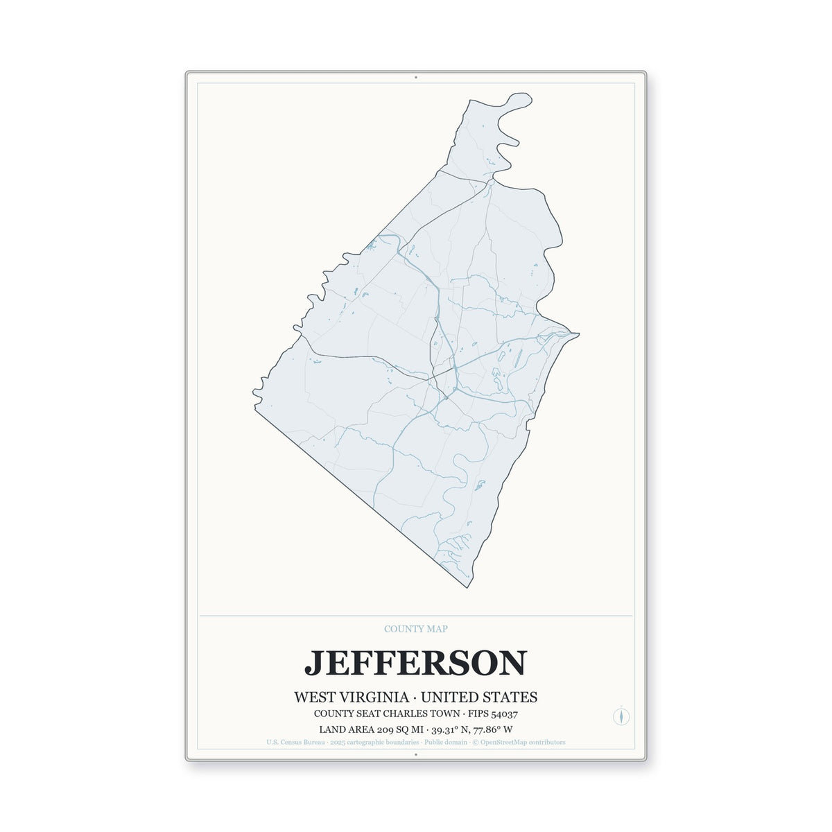 Jefferson County, West Virginia Map Aluminum Sign in Gallery Air style