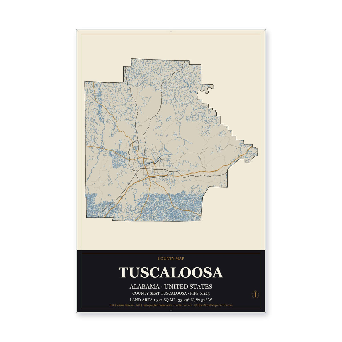 Tuscaloosa County, Alabama Map Aluminum Sign in Museum Plaque style