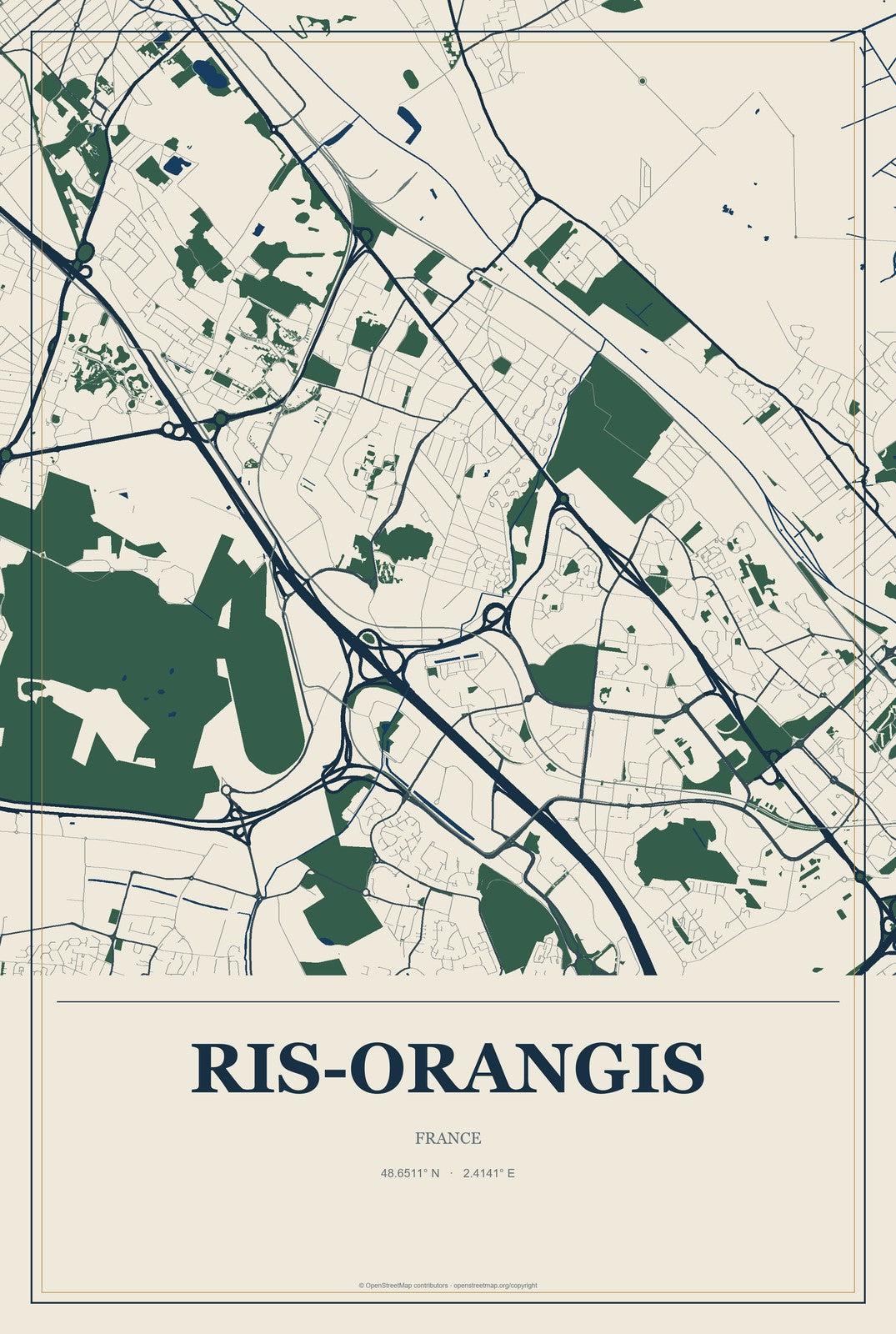 Ris-Orangis, France City Map Aluminum Sign in Coastal Cutout style