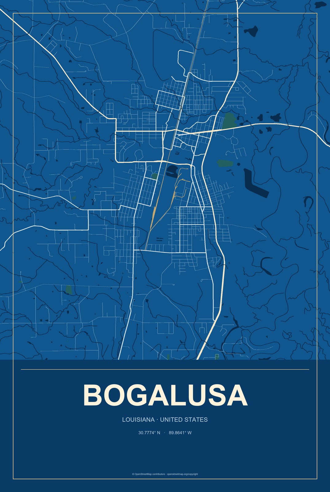 Bogalusa, Louisiana City Map Aluminum Sign in Harbor Cobalt style