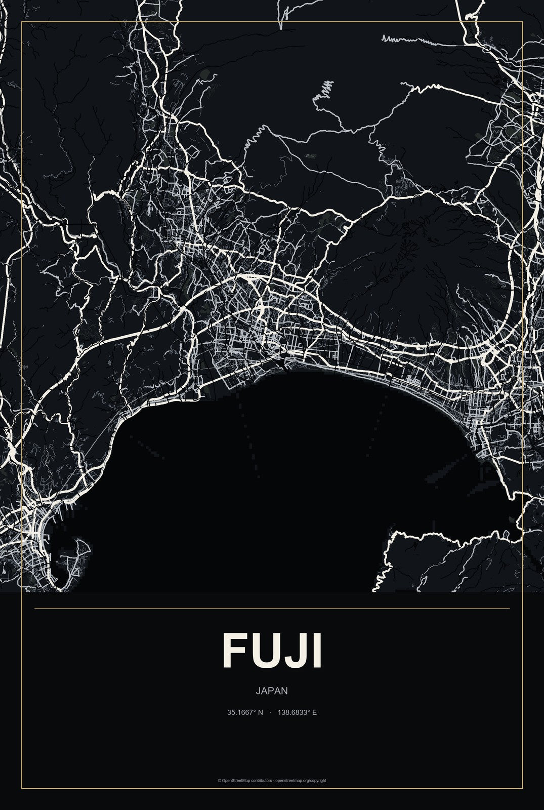 Fuji, Japan City Map Aluminum Sign in Metropolitan Noir style