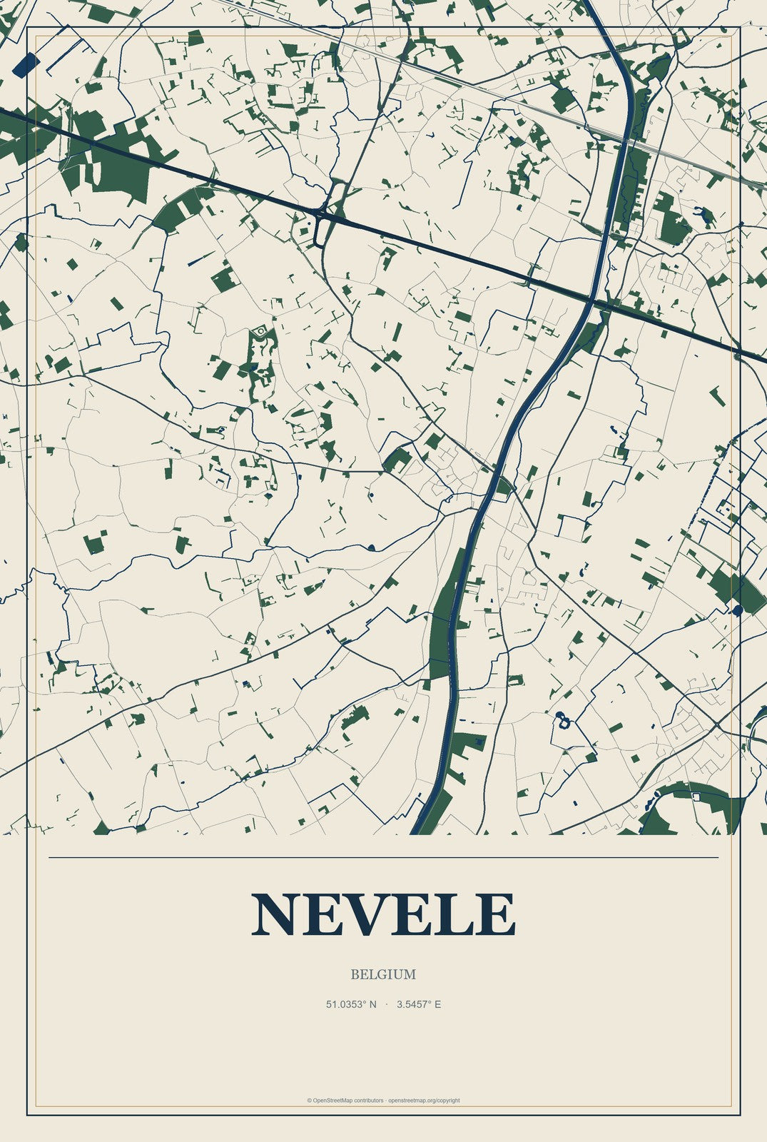 Nevele, Belgium City Map Aluminum Sign in Coastal Cutout style