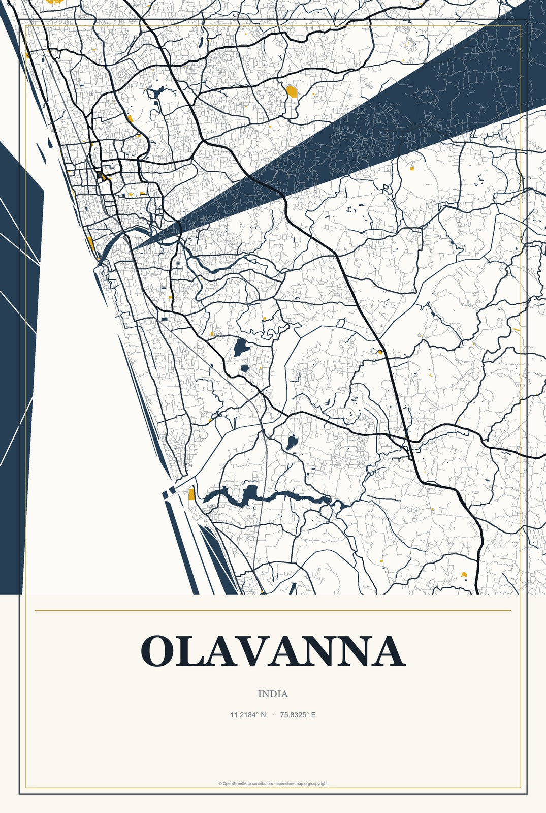 Olavanna, India City Map Aluminum Sign in Citrine Modern style