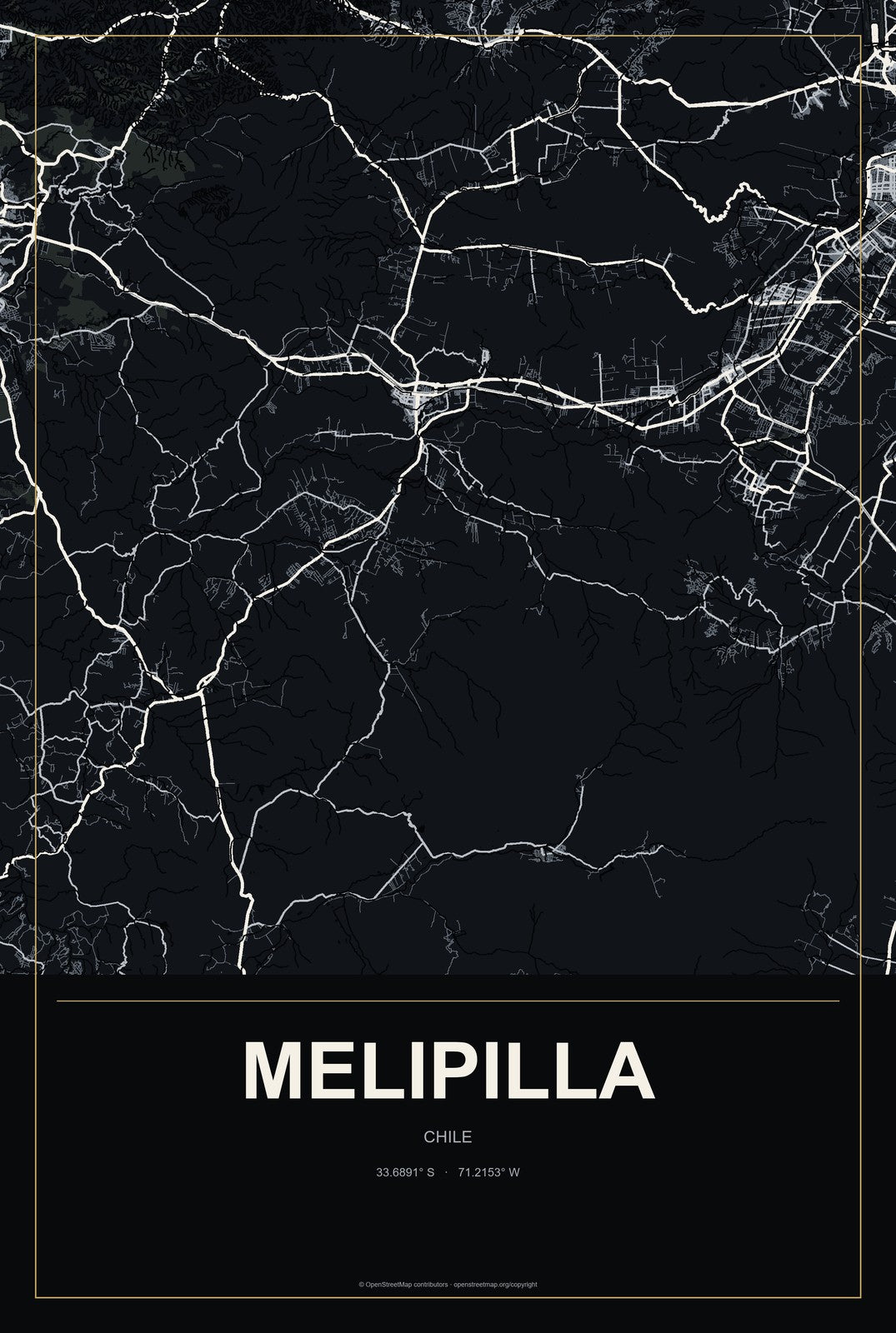 Melipilla, Chile City Map Aluminum Sign in Metropolitan Noir style