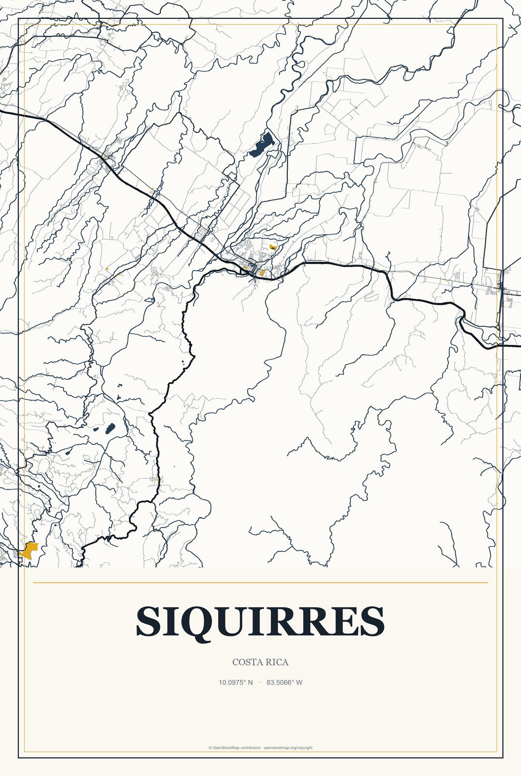 Siquirres, Costa Rica City Map Aluminum Sign in Citrine Modern style