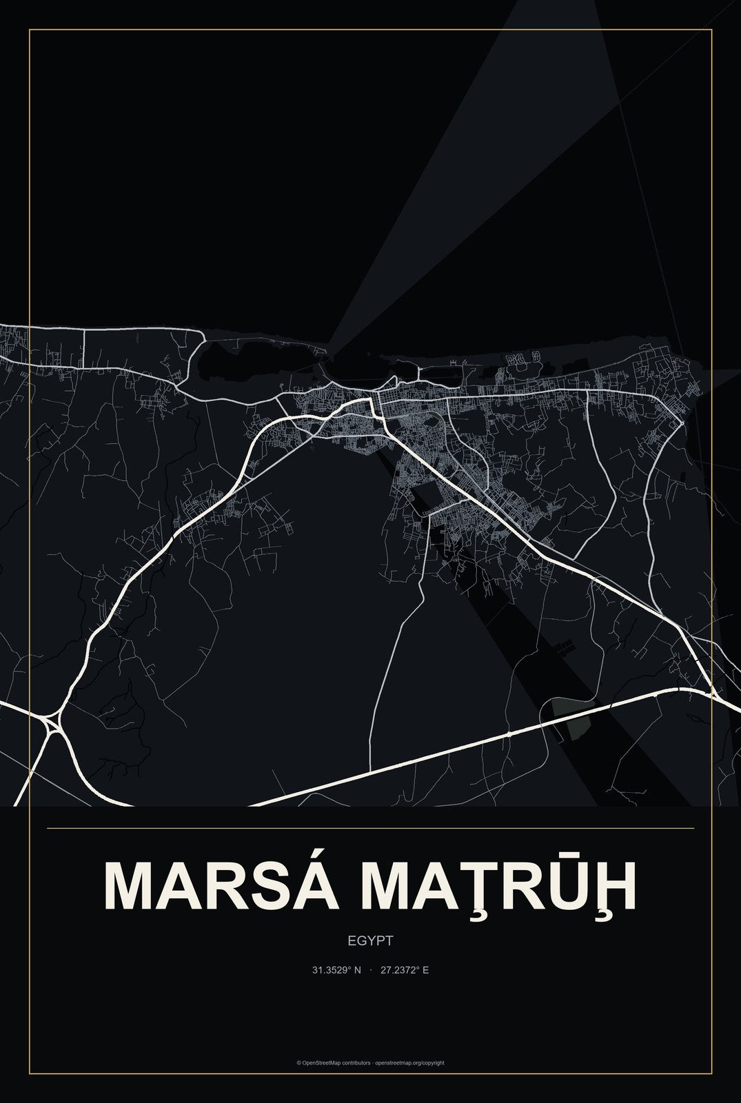 Marsá Maţrūḩ, Egypt City Map Aluminum Sign in Metropolitan Noir style