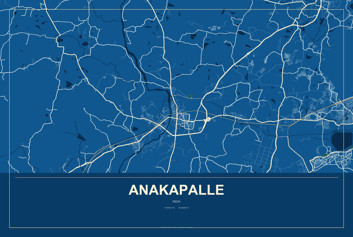 Anakapalle, India City Map Aluminum Sign in Harbor Cobalt style
