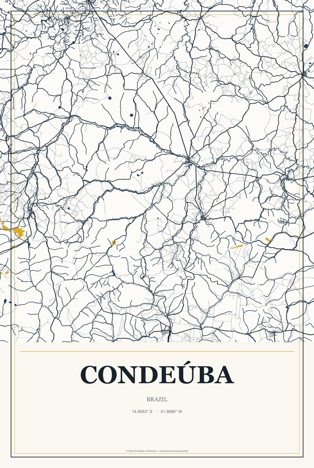 Condeúba, Brazil City Map Aluminum Sign in Citrine Modern style