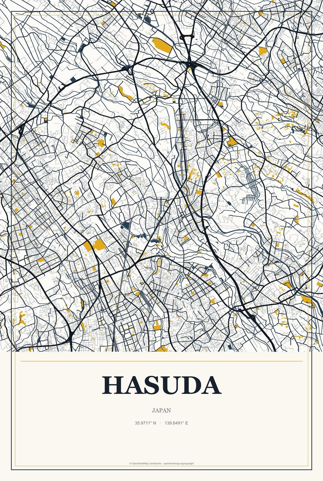 Hasuda, Japan City Map Aluminum Sign in Citrine Modern style