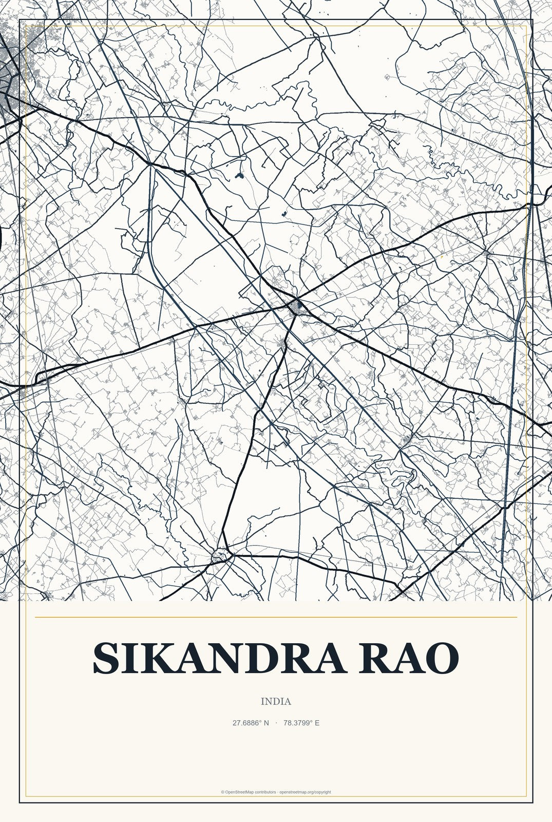 Sikandra Rao, India City Map Aluminum Sign in Citrine Modern style