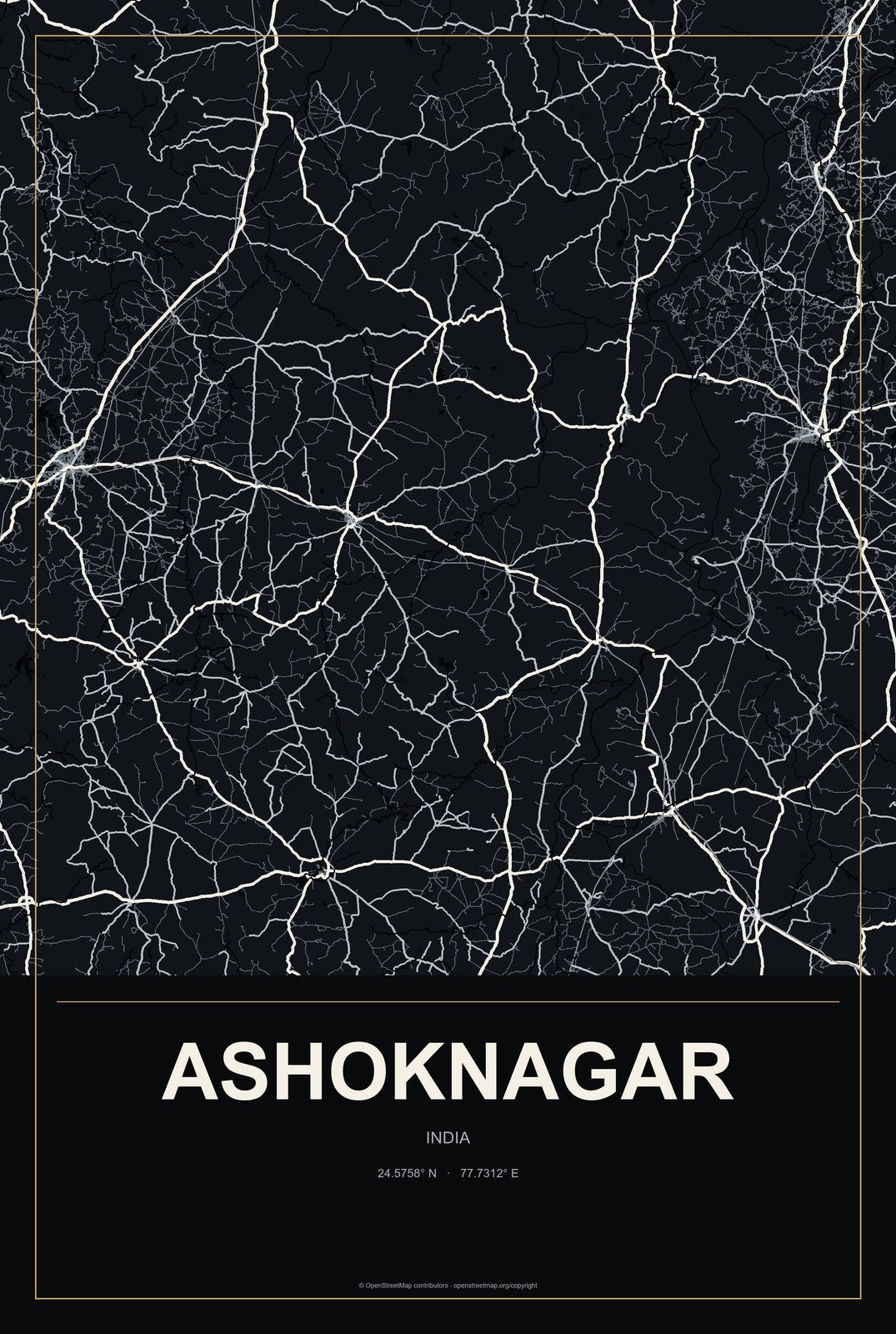 Ashoknagar, India City Map Aluminum Sign in Metropolitan Noir style