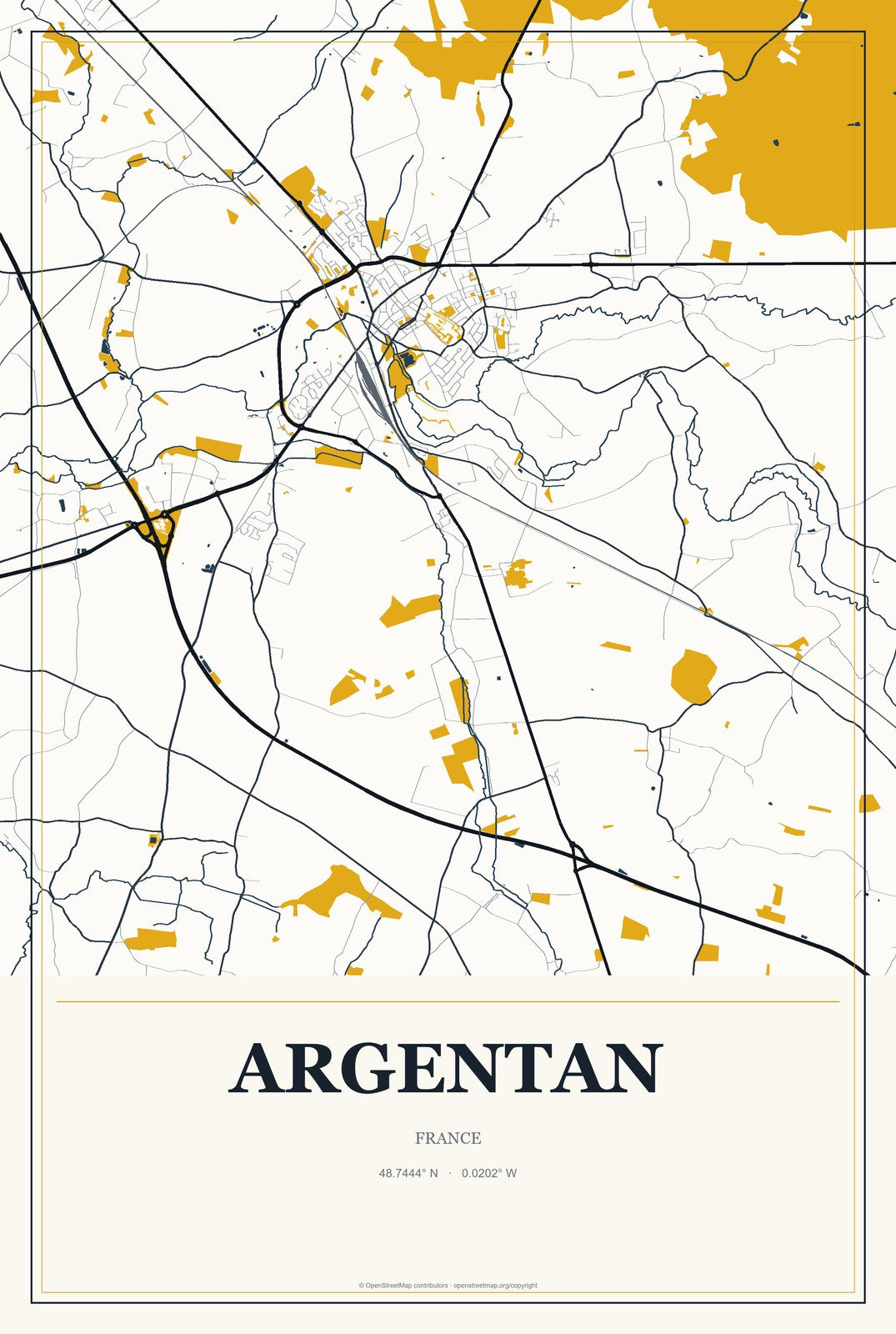 Argentan, France City Map Aluminum Sign in Citrine Modern style