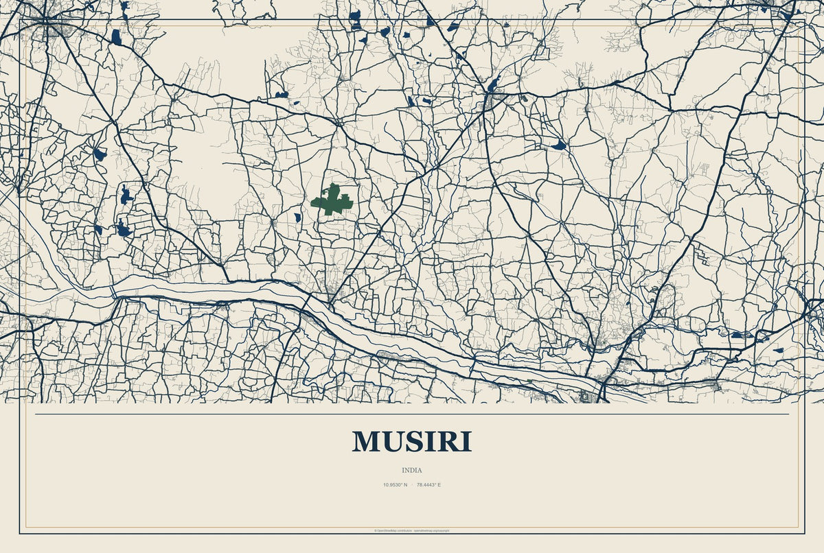 Musiri, India City Map Aluminum Sign in Coastal Cutout style
