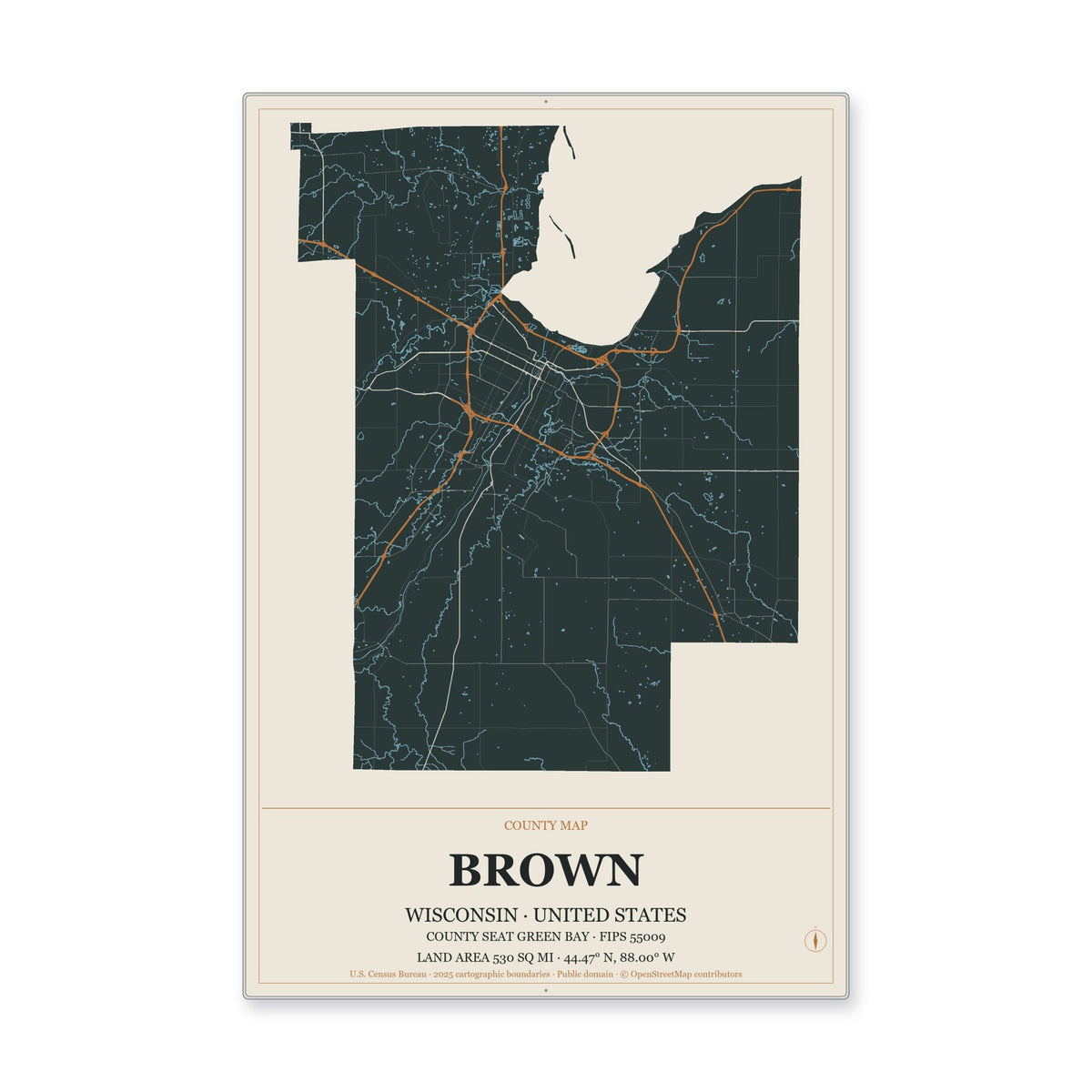 Brown County, Wisconsin Map Aluminum Sign in Headline Atlas style