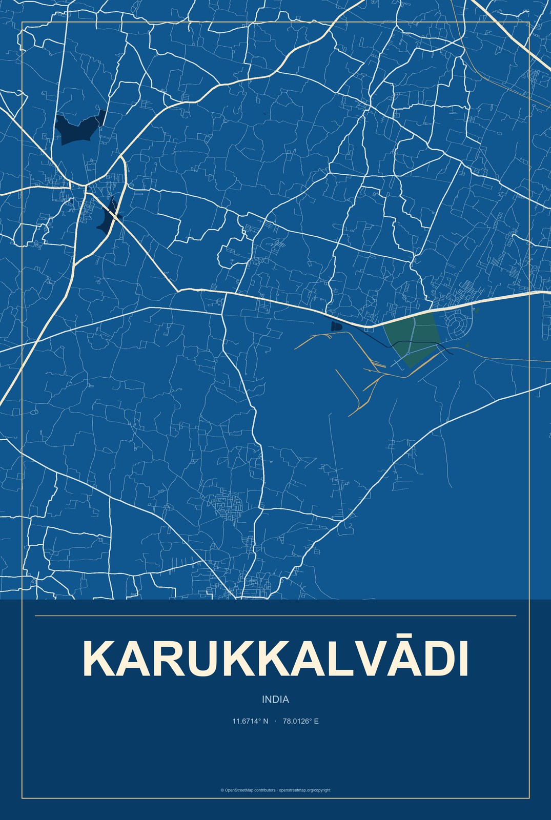 Karukkalvādi, India City Map Aluminum Sign in Harbor Cobalt style