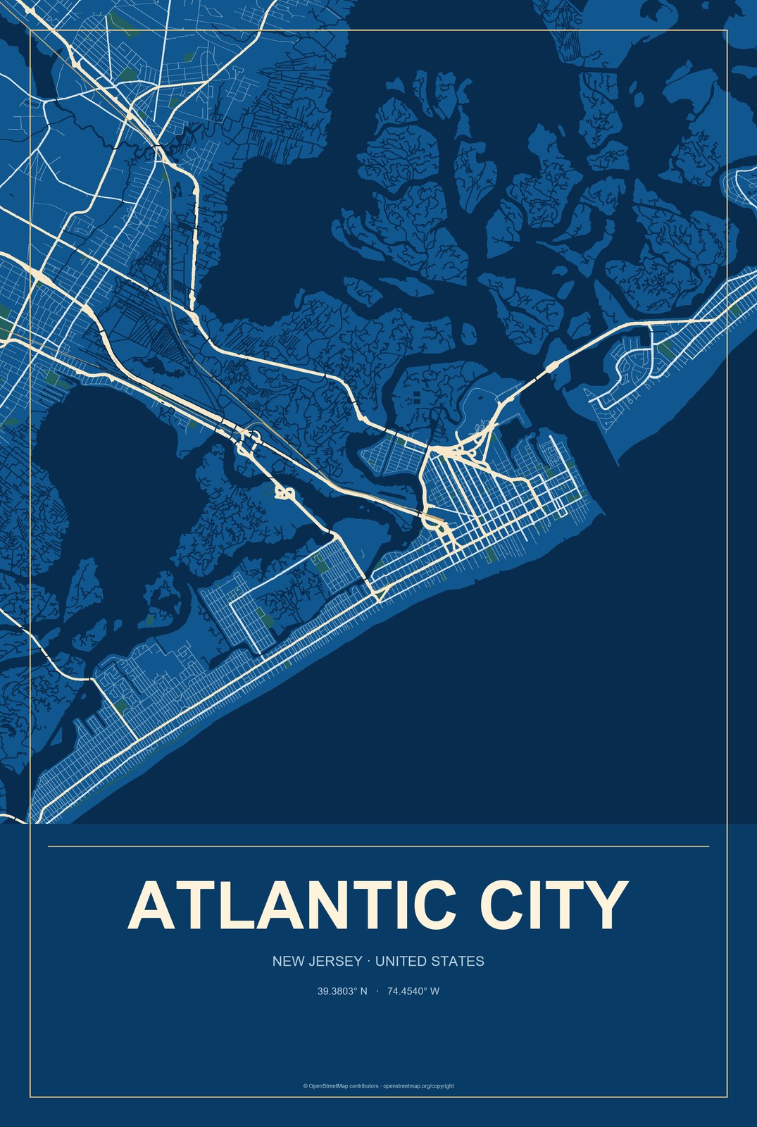 Atlantic City, New Jersey City Map Aluminum Sign in Harbor Cobalt style