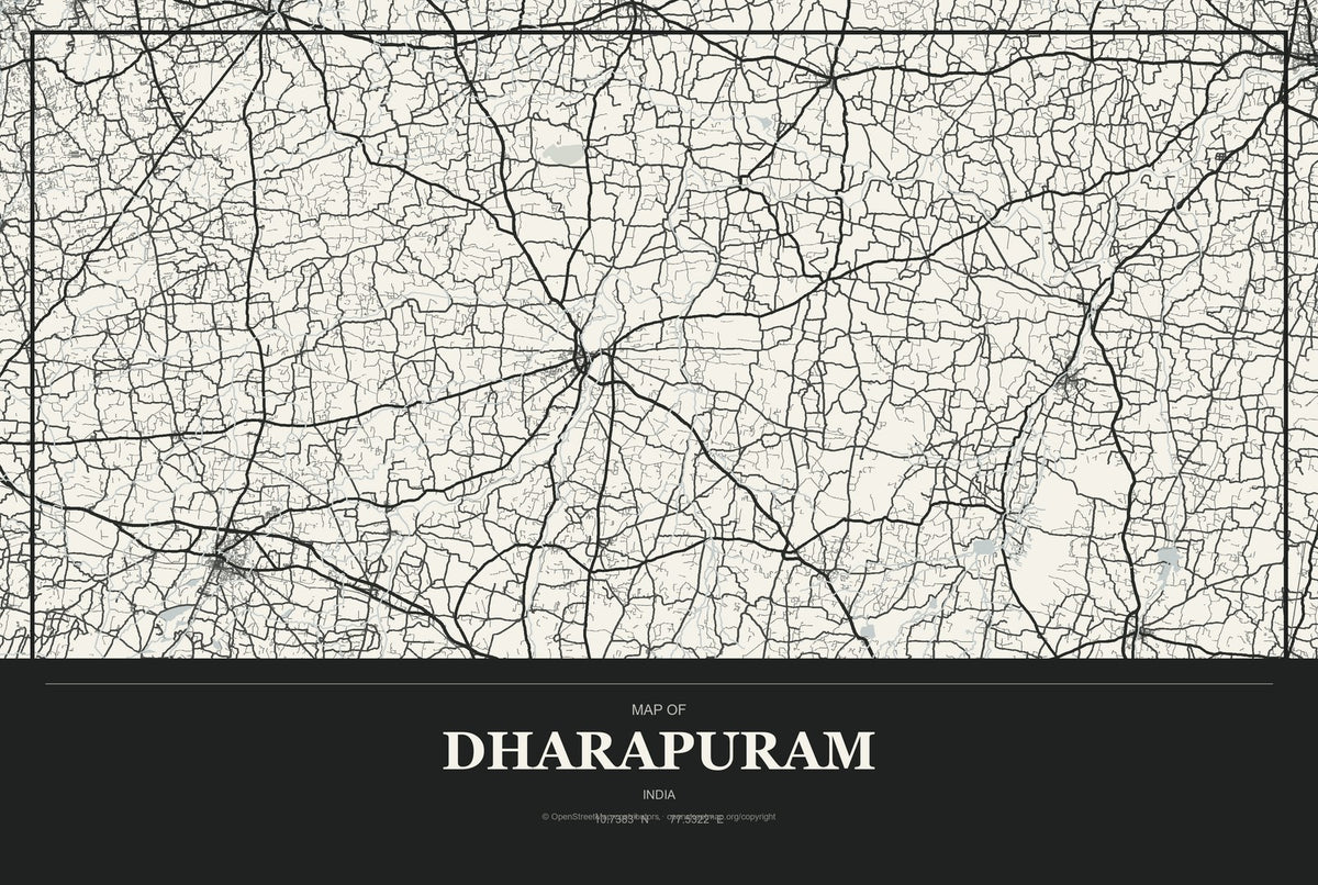 Dharapuram, India City Map Aluminum Sign in Museum Plaque style