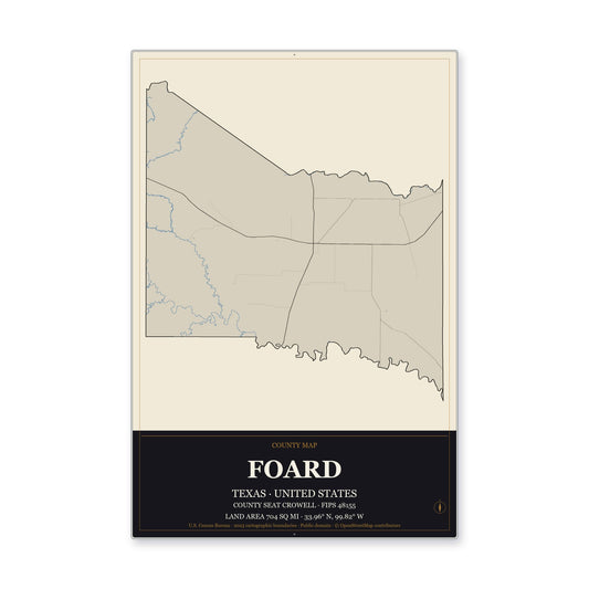 Foard County, Texas Map Aluminum Sign in Museum Plaque style