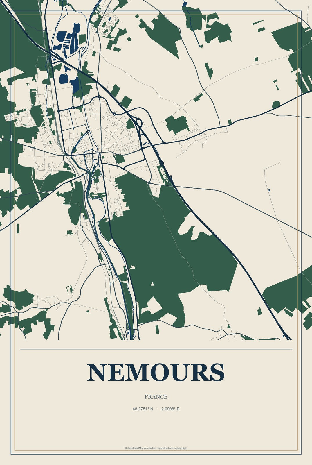 Nemours, France City Map Aluminum Sign in Coastal Cutout style