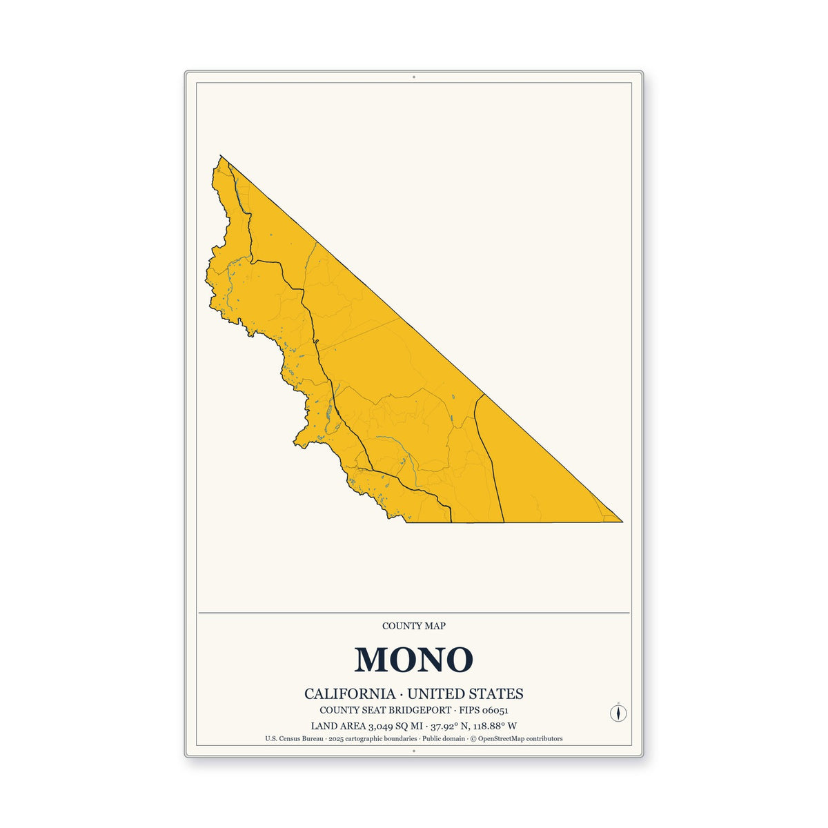 Mono County, California Map Aluminum Sign in Citrine Modern style