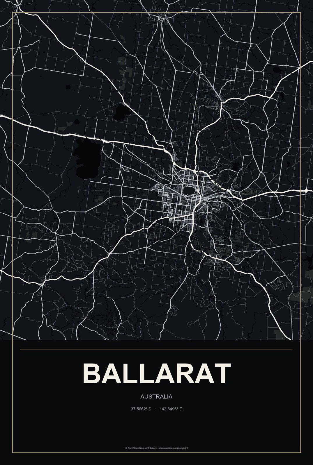 Ballarat, Australia City Map Aluminum Sign in Metropolitan Noir style