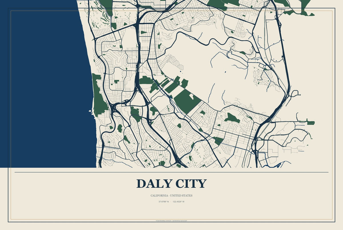 Daly City, California City Map Aluminum Sign in Coastal Cutout style