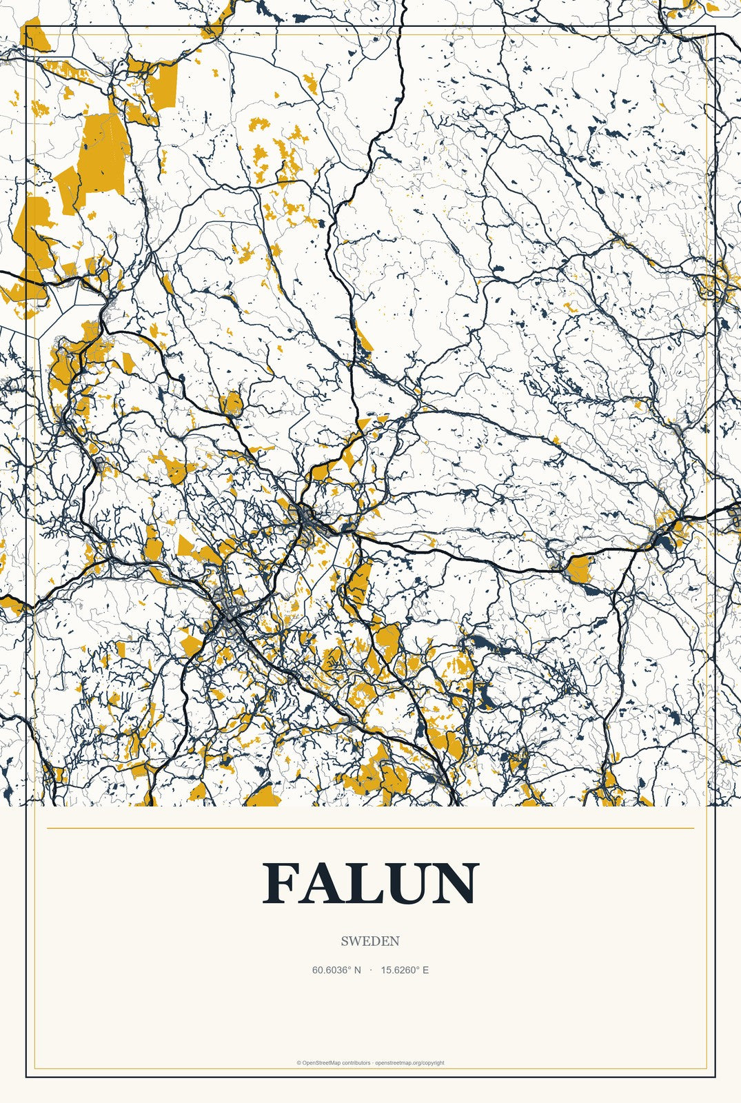 Falun, Sweden City Map Aluminum Sign in Citrine Modern style