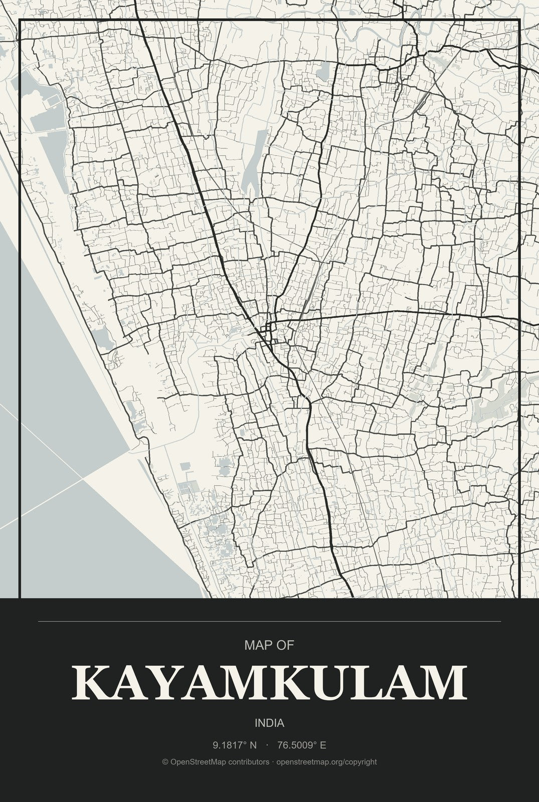 Kayamkulam, India City Map Aluminum Sign in Museum Plaque style