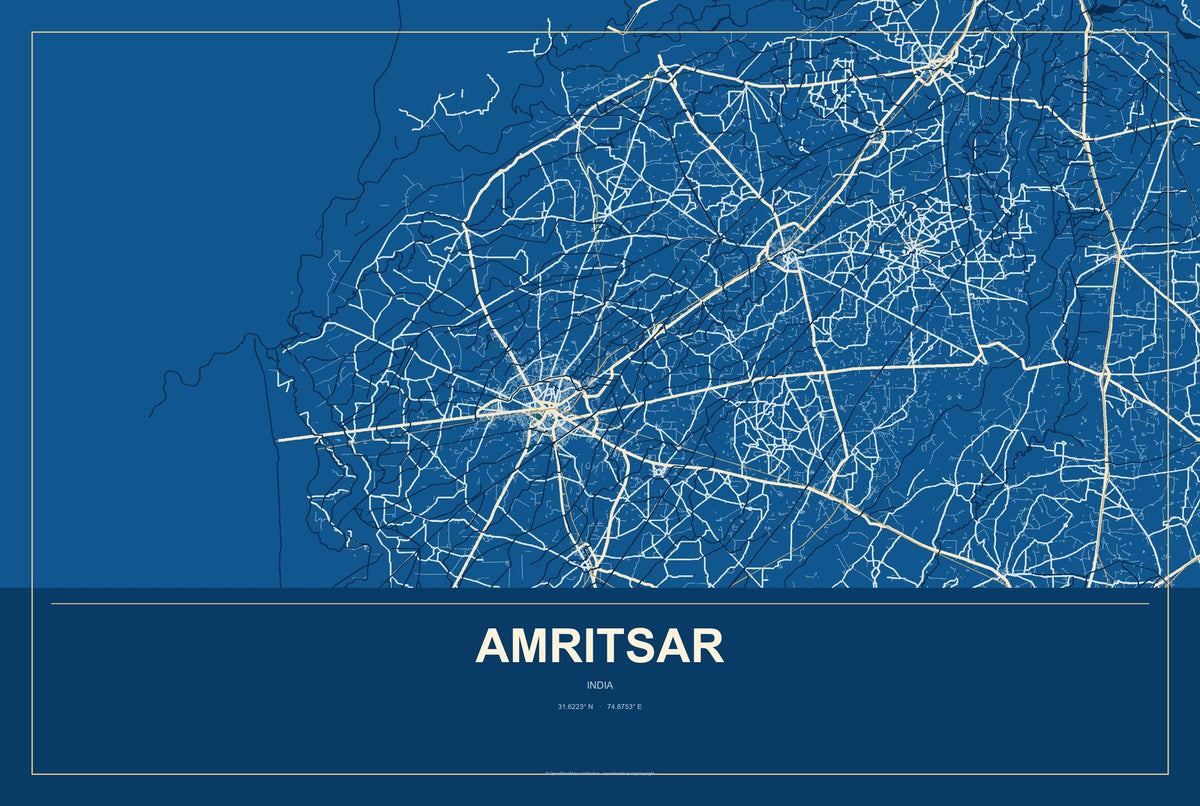 Amritsar, India City Map Aluminum Sign in Harbor Cobalt style