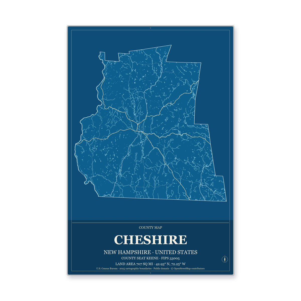 Cheshire County, New Hampshire Map Aluminum Sign in Harbor Cobalt style