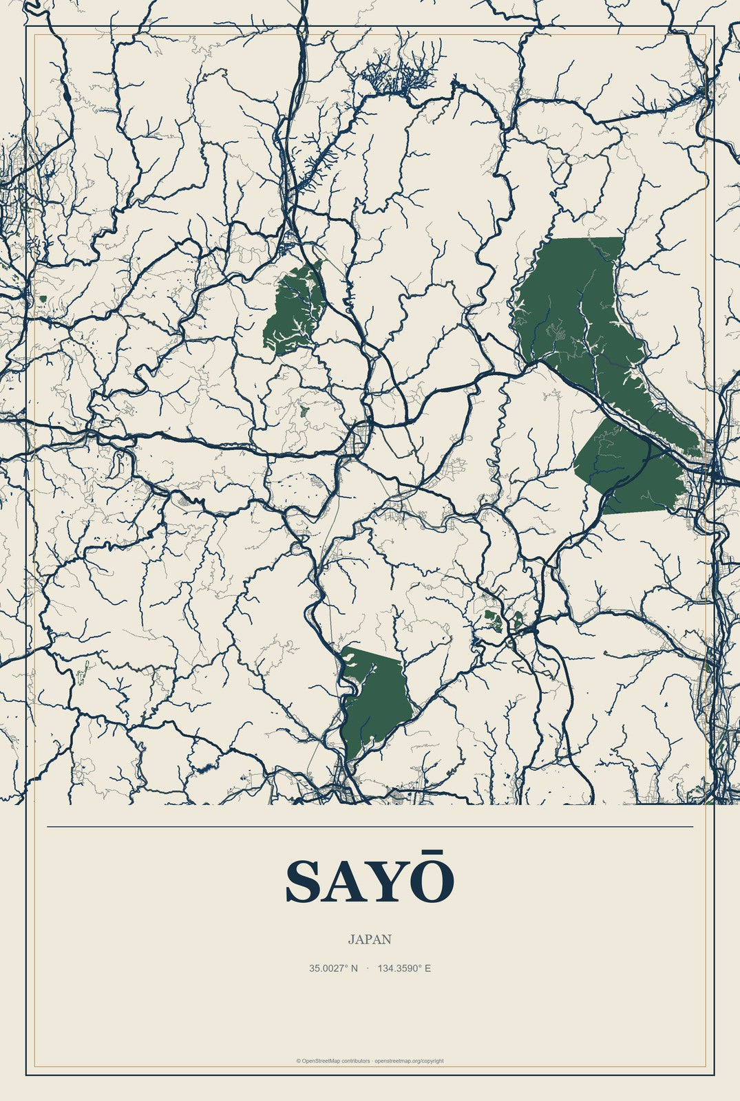Sayō, Japan City Map Aluminum Sign in Coastal Cutout style