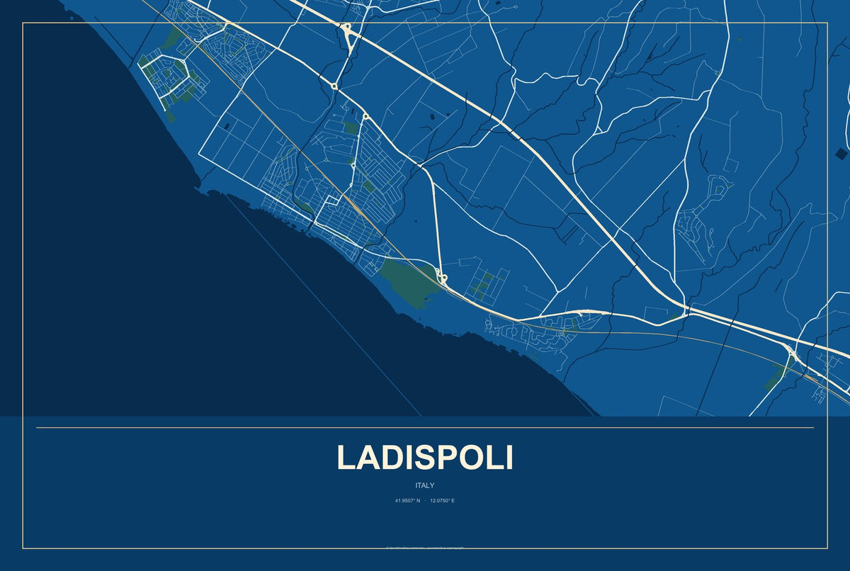 Ladispoli, Italy City Map Aluminum Sign in Harbor Cobalt style