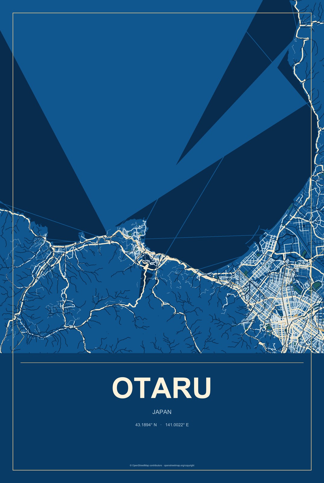 Otaru, Japan City Map Aluminum Sign in Harbor Cobalt style