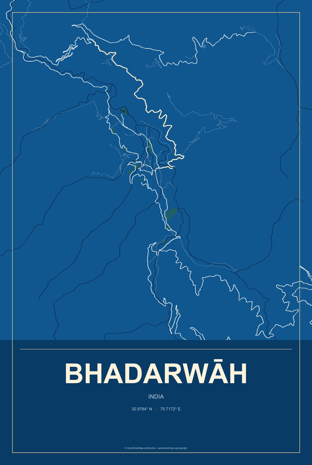 Bhadarwāh, India City Map Aluminum Sign in Harbor Cobalt style