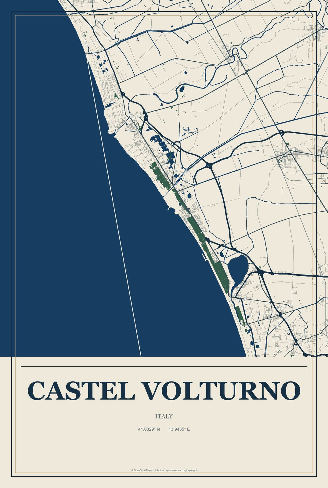 Castel Volturno, Italy City Map Aluminum Sign in Coastal Cutout style