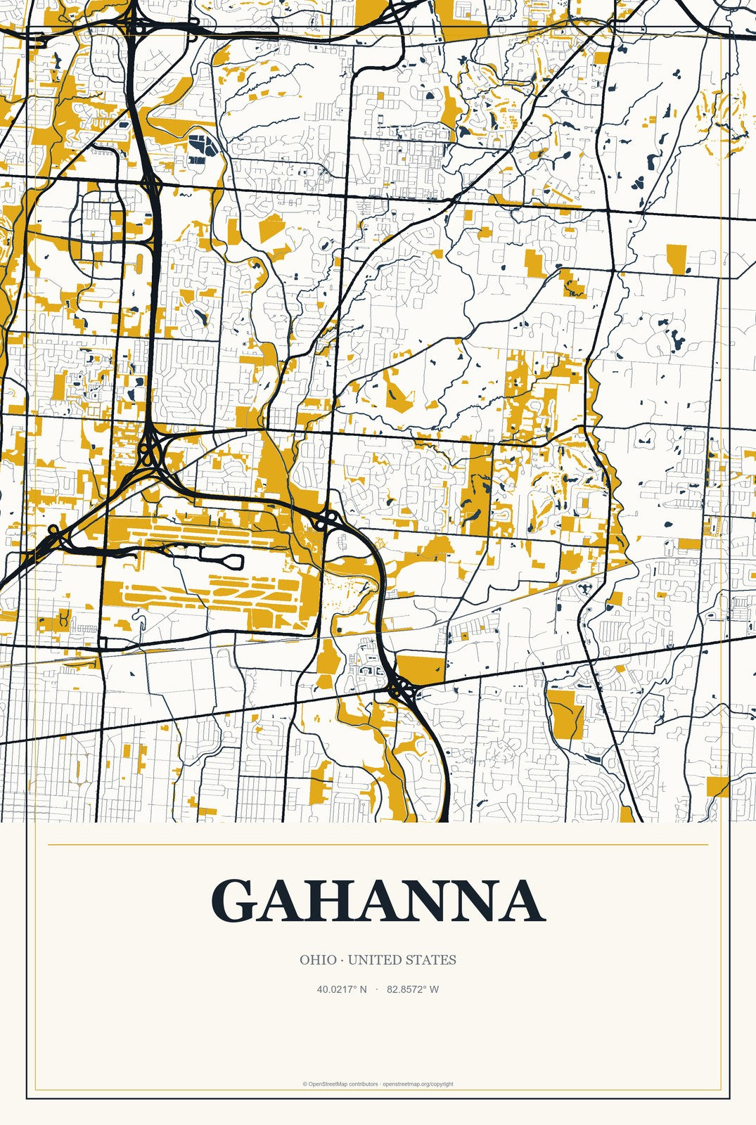 Gahanna, Ohio City Map Aluminum Sign in Citrine Modern style