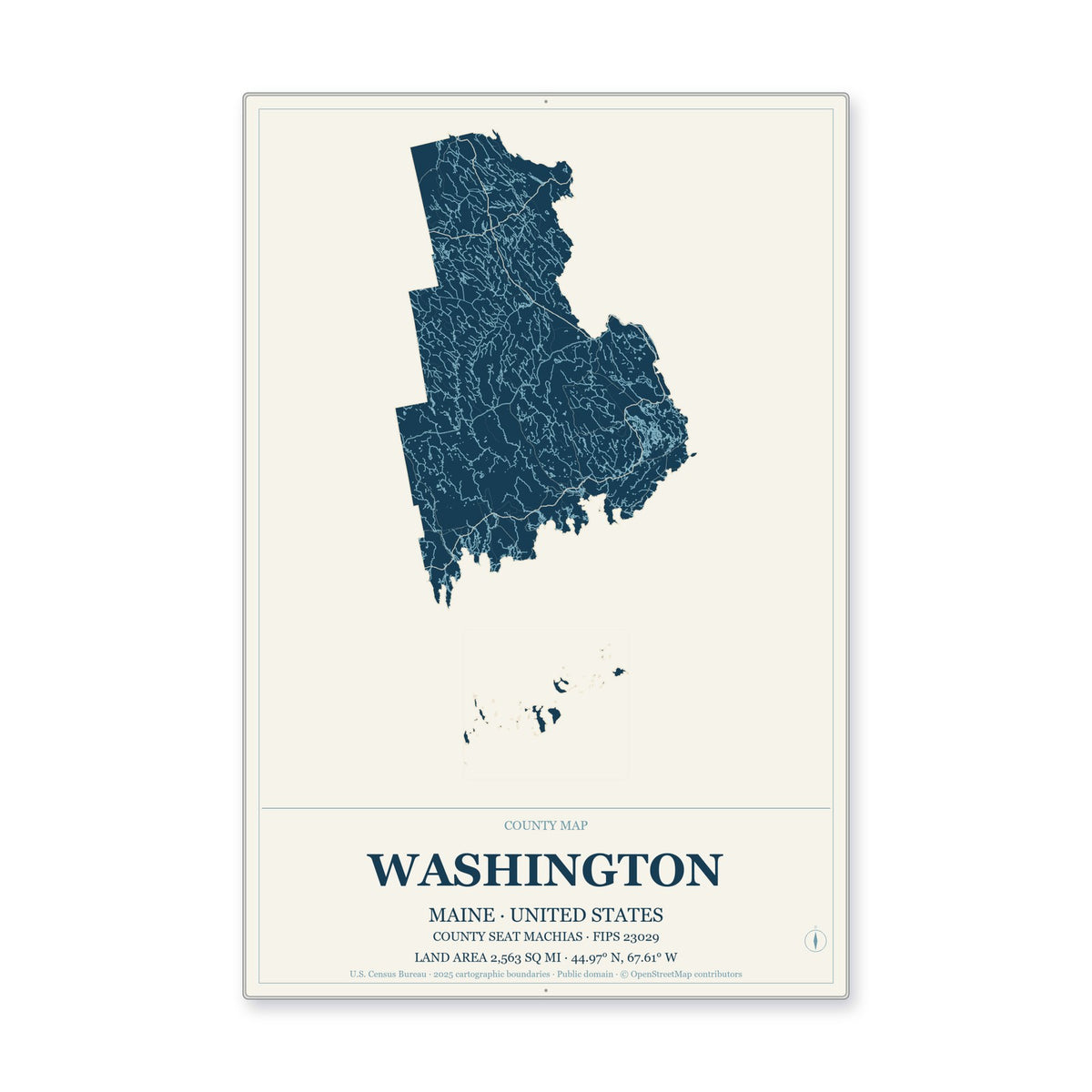 Washington County, Maine Map Aluminum Sign in Coastal Cutout style